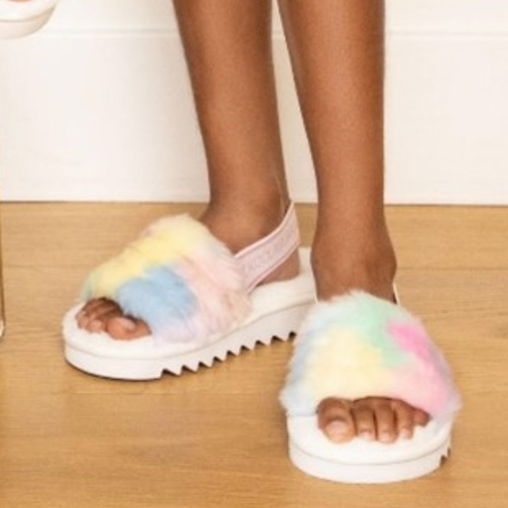 Koolaburra by UGG Fuzz’n II Pastel Sandals Faux Fur Slip On Slingback Size 7 NEW